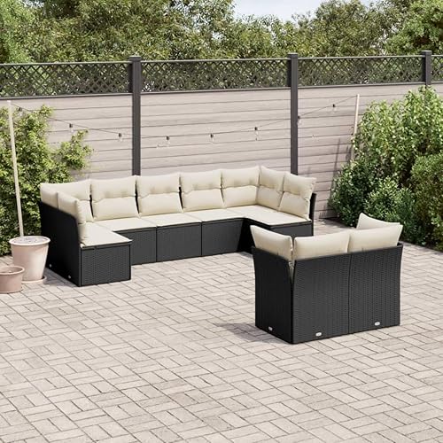 Vista 10 de Modern Outdoor Modular Sofa Set with Removable Cushion Covers, Black Poly Rattan and Cream White Cushions, Weather-Resistant Patio Furniture for