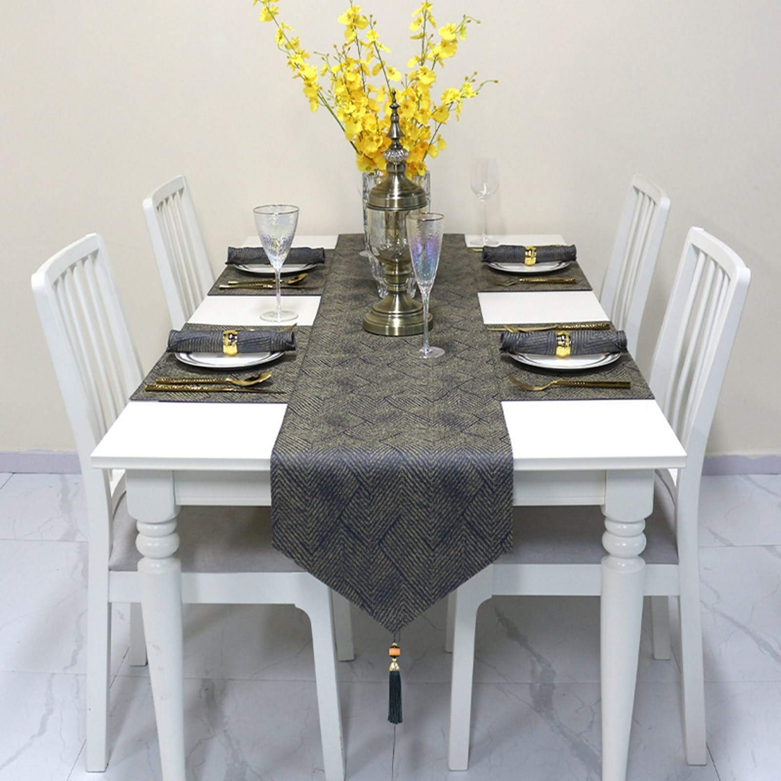Runner Moderno Tavolo, Cotone Motivo jacquard a spina di pesce con nappina Runner da Tavola Decorazione da Tavola per Compleanni & Matrimoni (Blu scuro Oro, 35 x 183 cm)