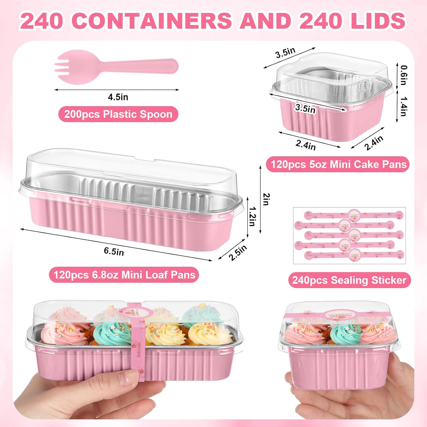 LemonRoad 240 Sets Mini Loaf Pans with Lid and Spoons 6.8oz Rectangular Aluminum Foil Bread Pan and 5oz Square Baking Cup Disposable Cake Dessert Cup with Decal for Wedding Birthday (Pink)