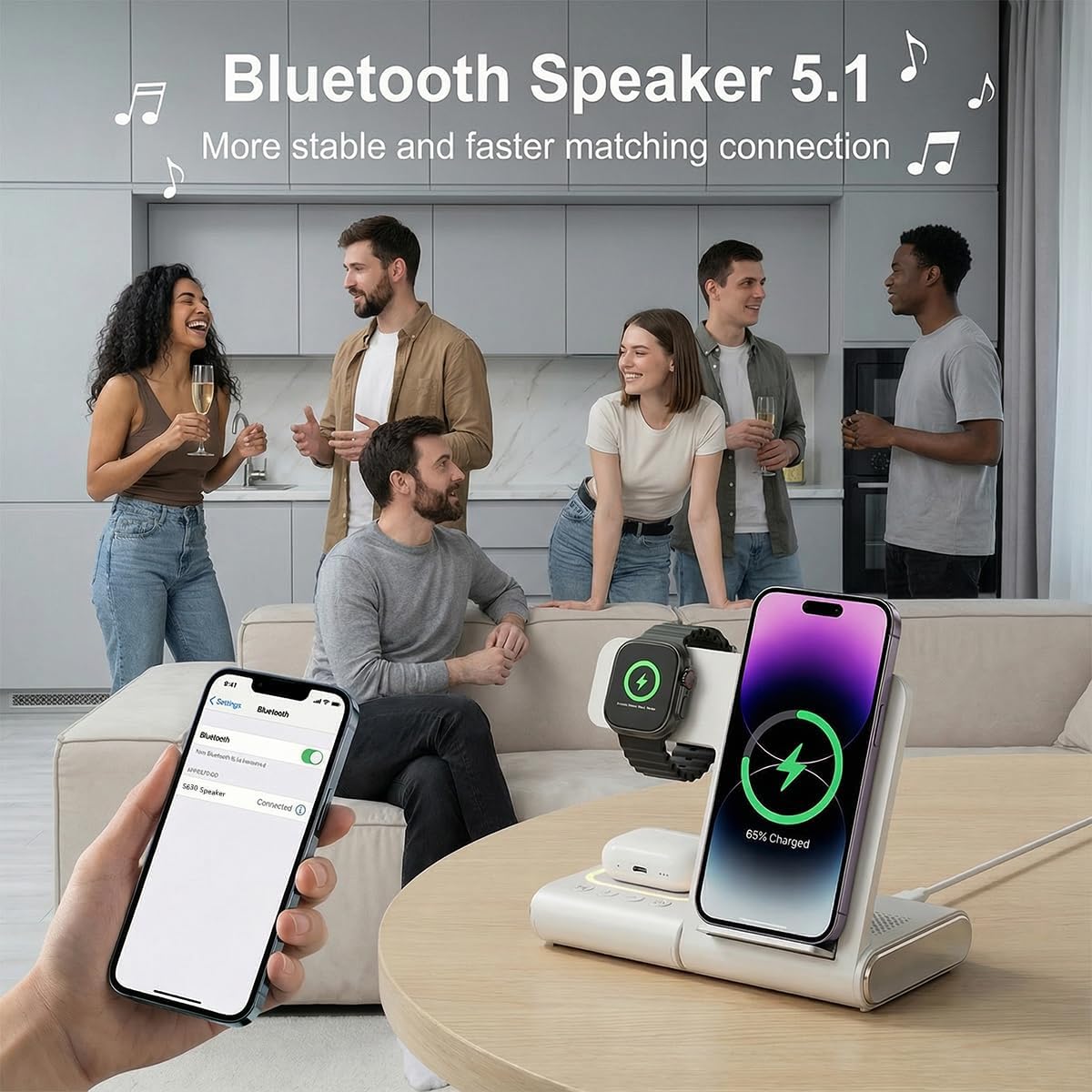BLKE 3 in 1 Wireless Charging Station with Bluetooth Speaker & Night Light, 33W Foldable Fast Charger Stand for iPhone 17/16/15/14/13/12, Apple Watch, AirPods Pro, Samsung
