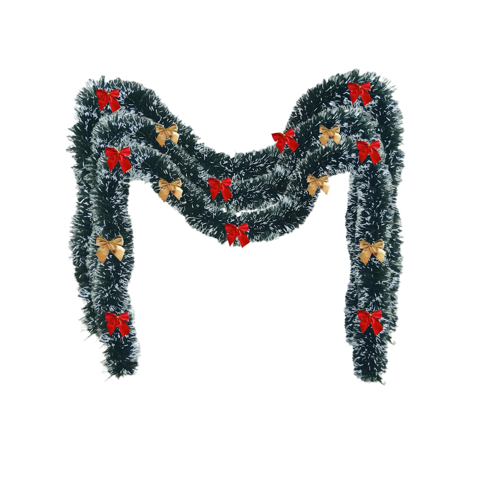 ElodieAu 20ft Christmas Tinsel Garland, Artificial Holiday Garlands with 24 Bows, Dark Green with White Tip Hanging Fireplace Decorations, for Party Tree Stairs Railing Decor(3Pieces)