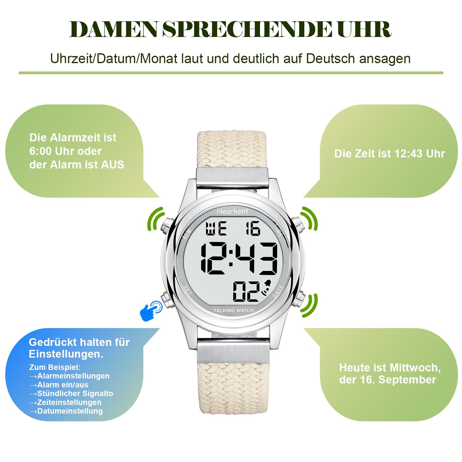 Hearkent Orologio digitale parlante da donna con voce tedesca piacevole LCD grandi numeri orologio per ipovedenti, anziani o ciechi