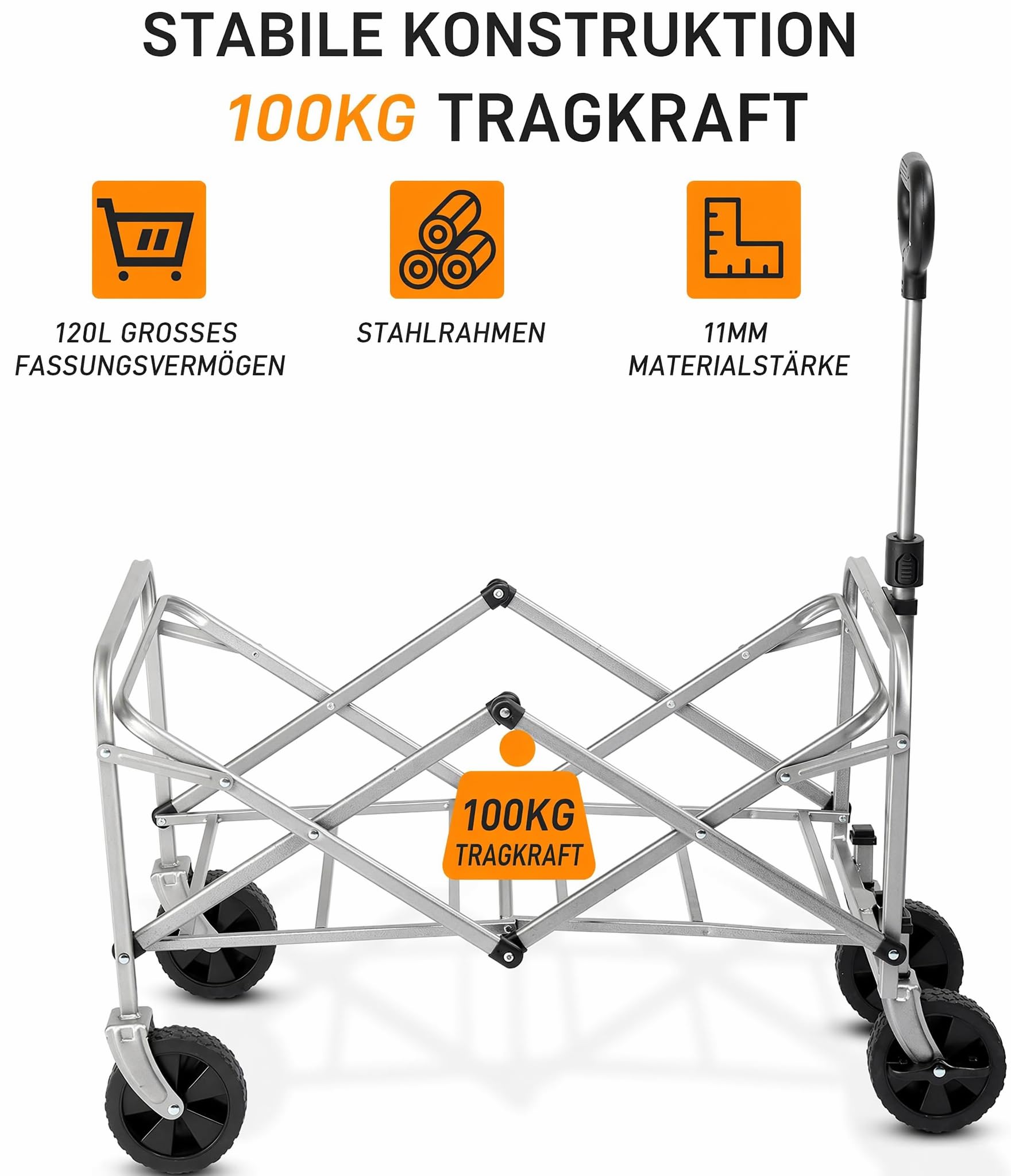 LEADZM Bollerwagen Faltbar, Handwagen 100 kg Tragkraft - für Camping, Einkäufe & Outdoor, 74,5 x 45 x 85 cm (Schwarz)