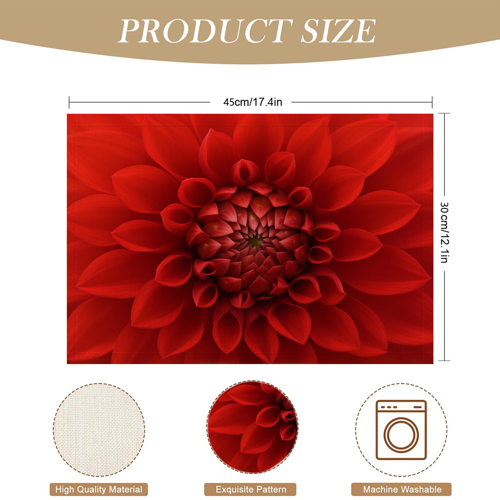 Set di 8 Tovagliette Americane Lavabili Cotone Lino Arte - Tovaglietta Americana Resistenti al Calore Durevole Petali di dalia rossa - per Colazione Pranzo 30×45 cm