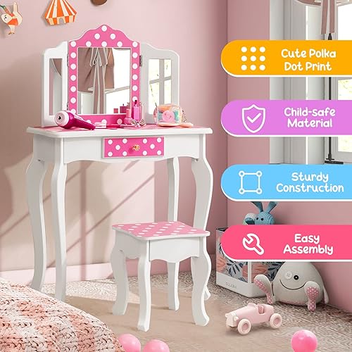 Miniatura 24 de Costzon Juego de mesa de tocador y silla para niños con espejo, taburete, cajón de almacenamiento, tocador de madera de princesa para niñas