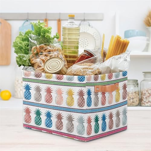 Miniatura 6 de Cestas de almacenamiento grandes para organizar estantes, lindos cubos plegables de frutas y piñas coloridas con asas, organizadores rectangulares
