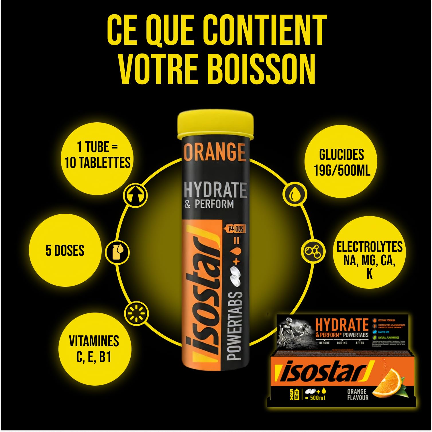 ISOSTAD Powertabs Gusto Arancia, Bevanda Isotonica in Compresse Effervescenti con Elettroliti e Carboidrati per Idratazione e Resistenza, 10 Tabs x 12 g