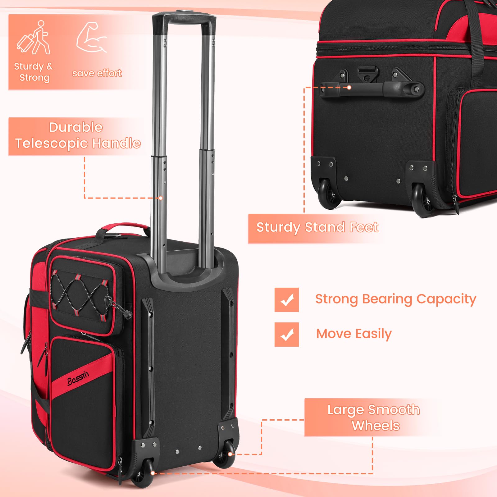 BOSSTIN Rolling DJ Cable Bag with Wheels - DJ Gig Bag Case for Equipment with 15.6" Laptop Compartment, Padded Detachable Dividers, Multi-Pocket Travel Storage for Music Gear & Accessories - Image 5