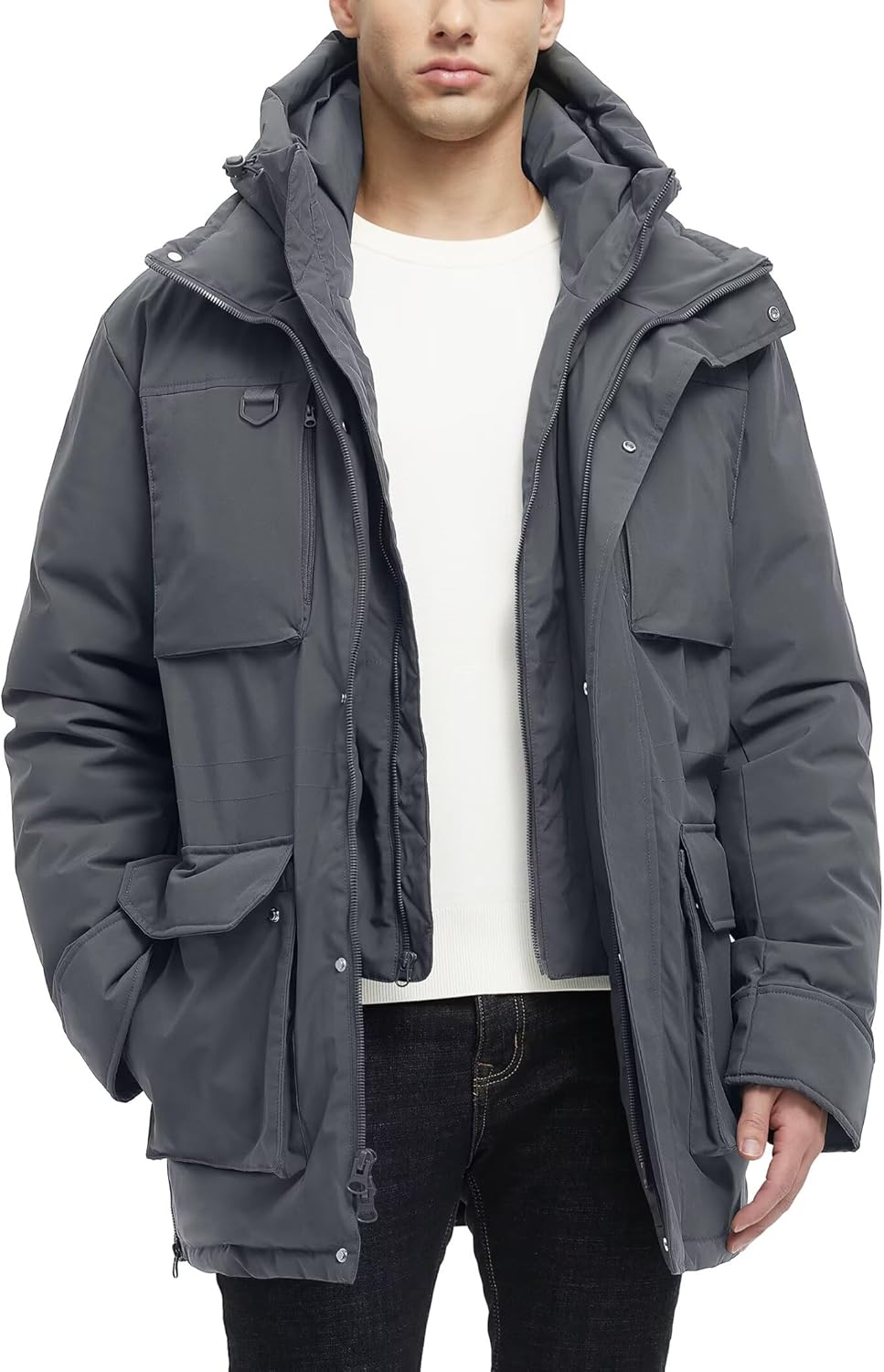 Long Winter Jackets for Men Faux Two-Piece Waterproof Parka Snow Warm Coats with Hood