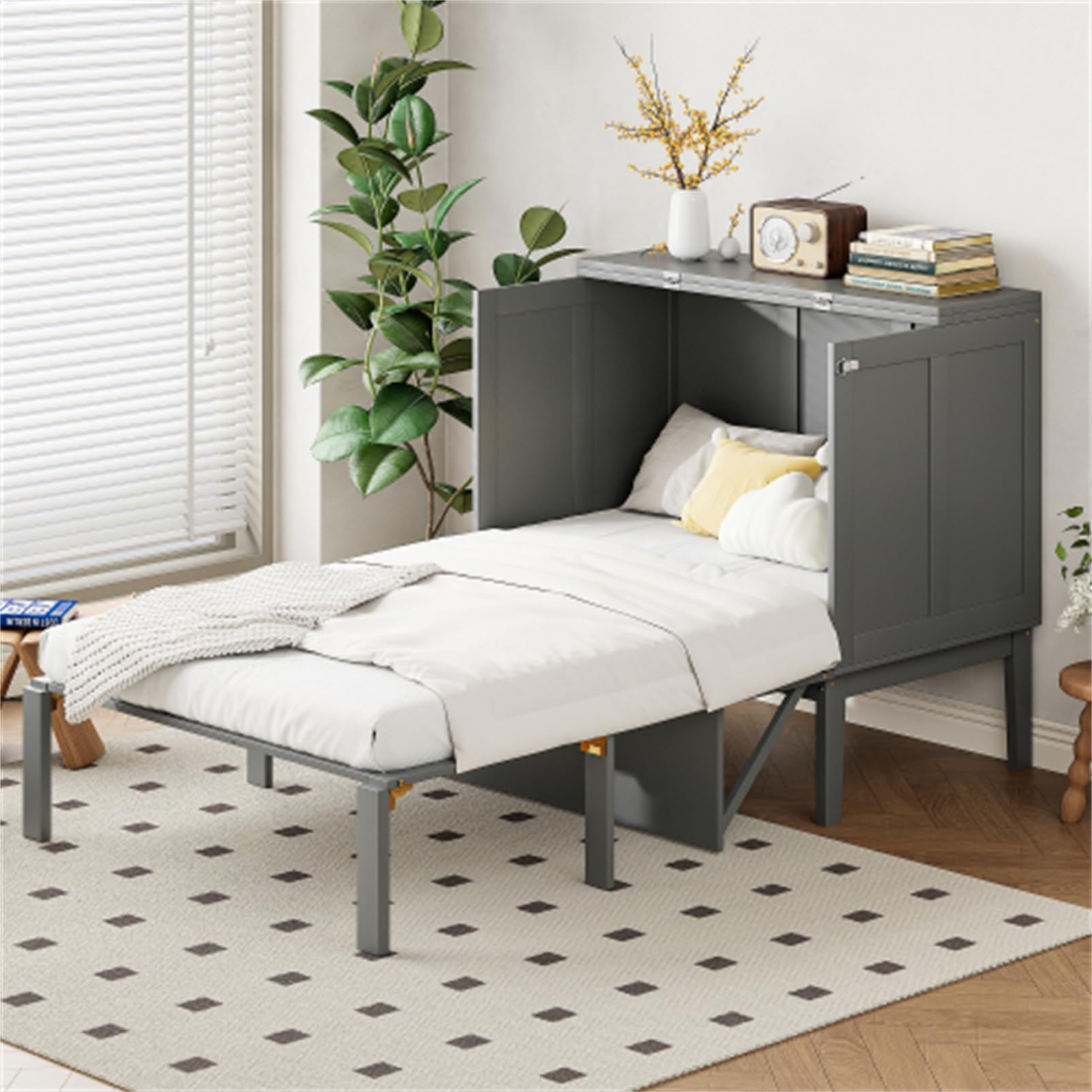 Letto verticale per armadio con rete a doghe, pieghevole da parete per adulti e ragazzi, letto singolo, per camera da letto, letto degli ospiti, in legno, struttura del letto, grigio, 90 x 200 cm