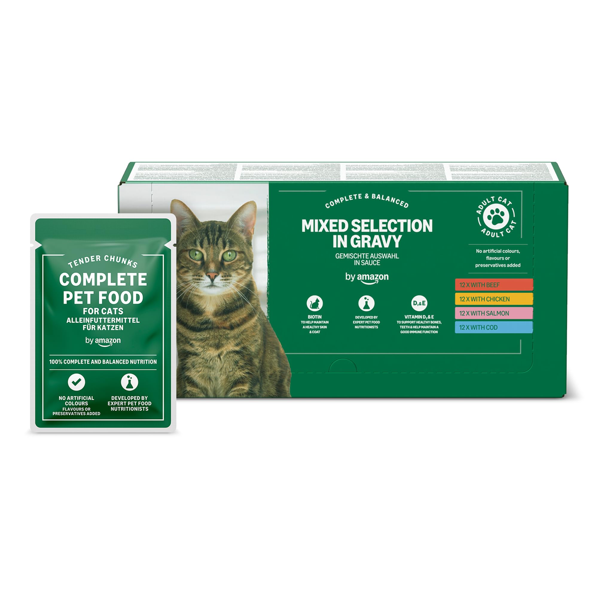 by Amazon Complete Wet Food for Adult Cats, Gravy Mixed Selection, 4.8 kg (48 pouches of 100g)