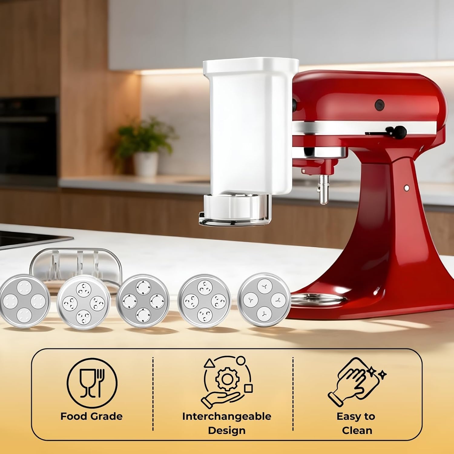 5-in-1 Durable Pasta Press Attachment Compatible with KitchenAid Stand Mixer, Pasta Extruder with 5 Interchangeable Plates and Brush | Makes Spaghetti, Bucatini, Fusilli, and Macaroni
