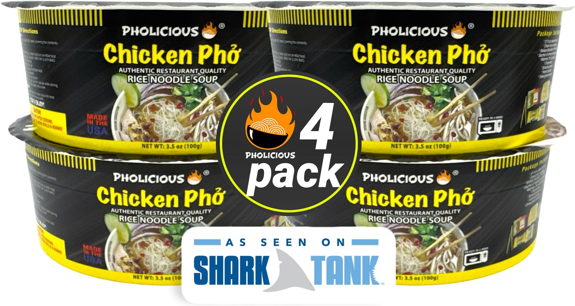 Instant Chicken Pho, Authentic Vietnamese Rice Noodle Soup Kit with Spices & Broth Mix, Ramen Noodles Alternative, Quick Microwave Meal - Pho Noodles Bowl - Chicken Flavor (4 Pack)
