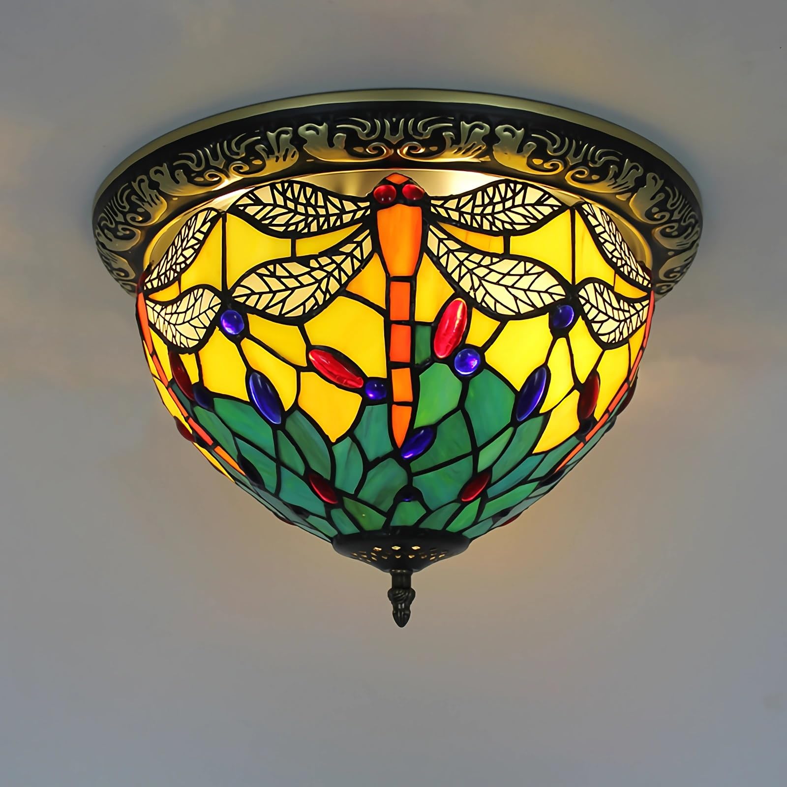 WDBZTJ Tiffany Style Ceiling Light Flush Mount, 15 inch Stained Glass Ceiling Lamp, E27 Bulb, Vintage LED Chandeliers for Living Room Bedroom(E2)