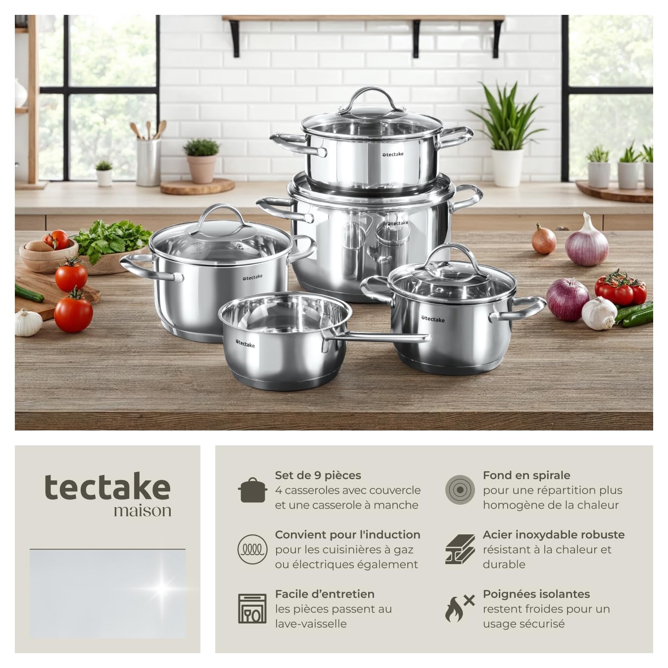 tectake® Set de 5 Casseroles et 4 Couvercle en verre, Batterie de cuisine Casserole inox, 1 Casserole à manche, 4 Casseroles à poignées, Compatible induction, gaz, électrique, vitrocéramique, Cuisine