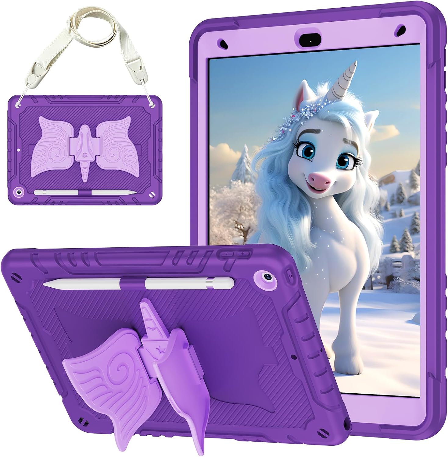 for iPad 9th 8th 7th Generation Case 10.2 inch with Butterfly Kickstand, Shoulder Strap, Pencil Holder Cute Rugged Cover for Kids Girls for iPad 2021 2020 2019 Purple