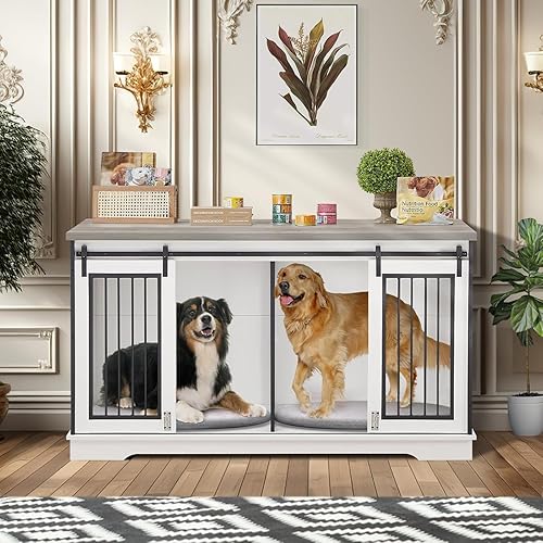 Miniatura 36 de Mueble doble para perros de 75 pulgadas, jaula 3 en 1 para perros grandes, soporte de TV gris duradero con bandejas y divisor, perrera doble