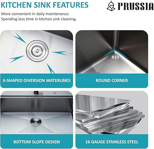 Miniatura 4 de PRUSSIA Fregadero de cocina de 33 pulgadas, 33 x 22 x 10 pulgadas, fregadero de acero inoxidable 304 calibre 16 de un solo tazón U910