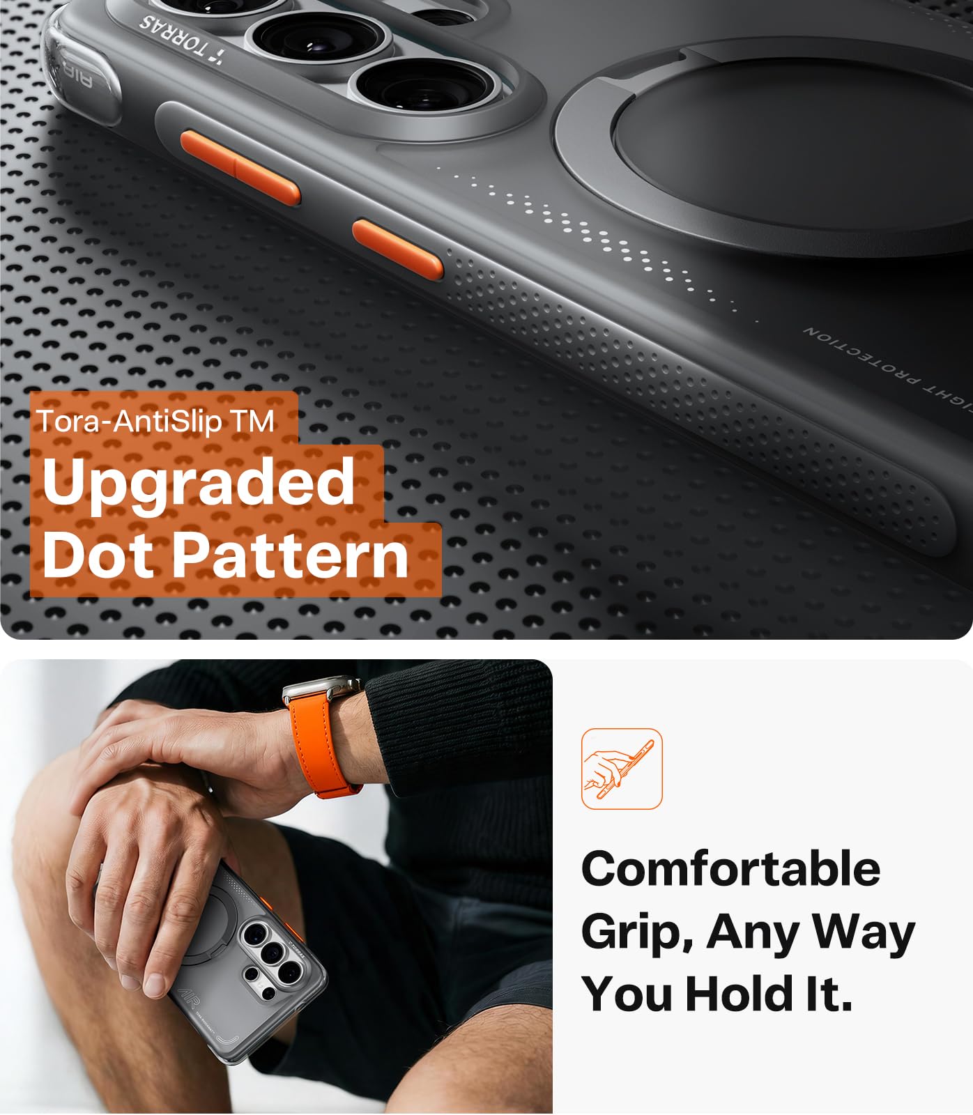 TORRAS Ostand Q3 Air Cover per Samsung S26 Ultra con vero airbags Doppia protezione [Supporto magnetico 360° robusto] Custodia S26 Ultra Cover con pulsante di controllo della fotocamera, Nero