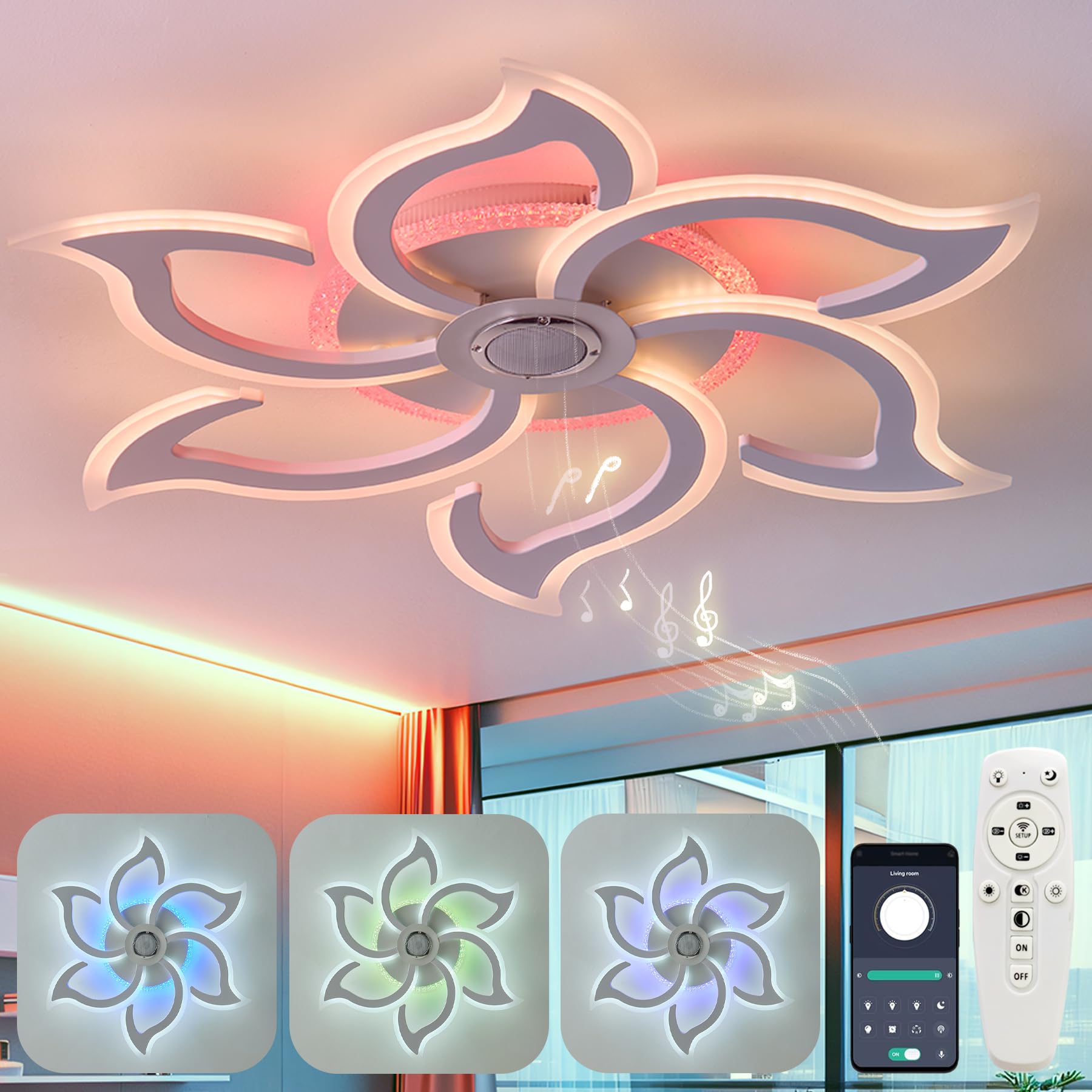 Rgb Ceiling Light With Built-In Speaker Sound Bedroom Ceiling Lamp Living Room LED Dimmable Ceiling Lighting With Remote Control Memory Function Modern Flower Ceiling Lights With APP Smart White Lamps