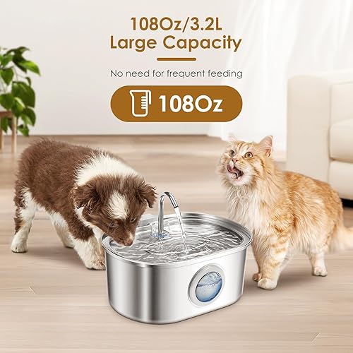 Miniatura 4 de Fuente de agua para gatos, fuente de agua para mascotas, fuente de agua de acero inoxidable de 3.2L/108 onzas, dispensador de agua para perros con