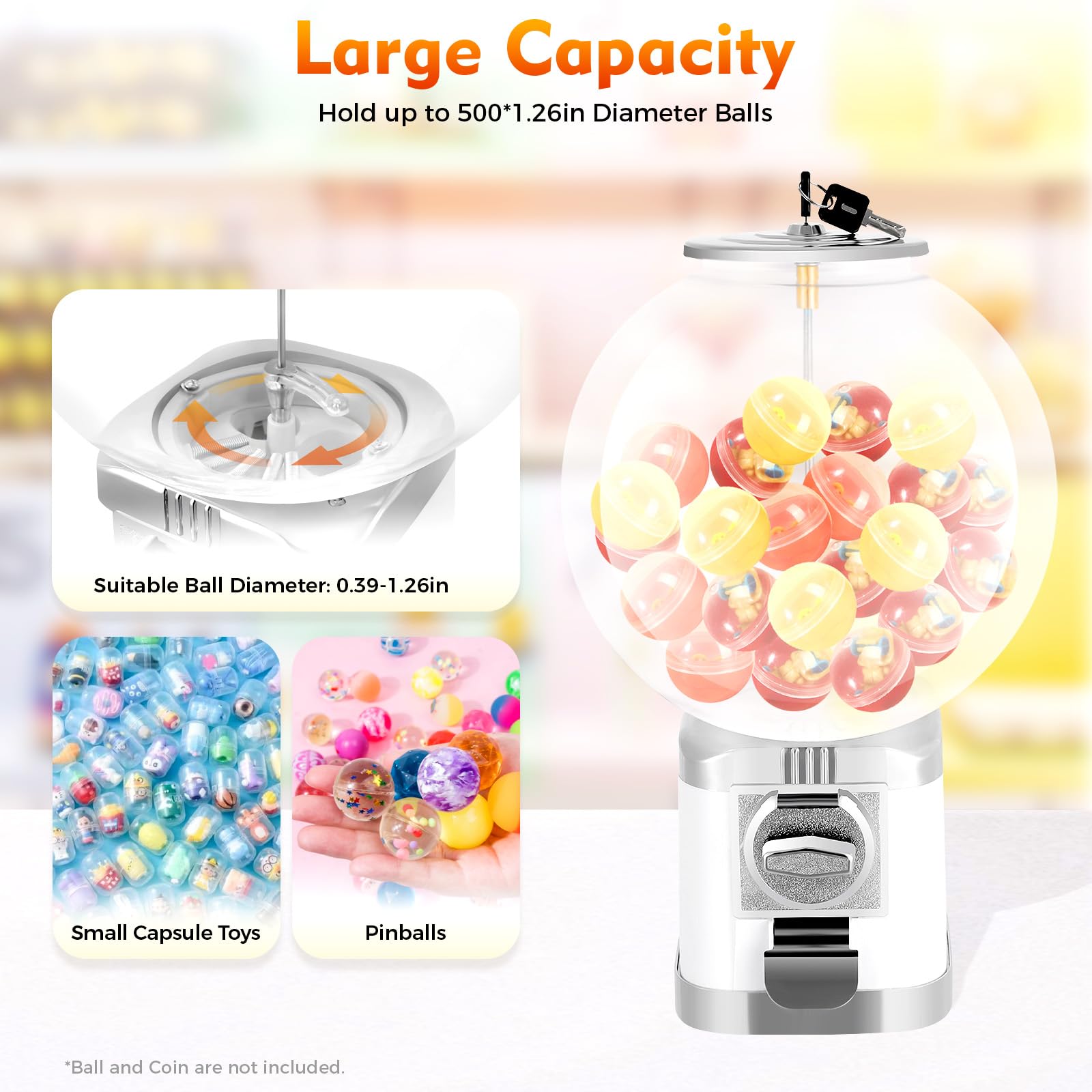 Gumball Vending Machine, Commercial Twister Ball Dispenser with 2 Keys 1 Dollar Coin Operated Candy Capsule Machine Space-Saving for Retail Stores, Game Halls & Amusement Parks(White)