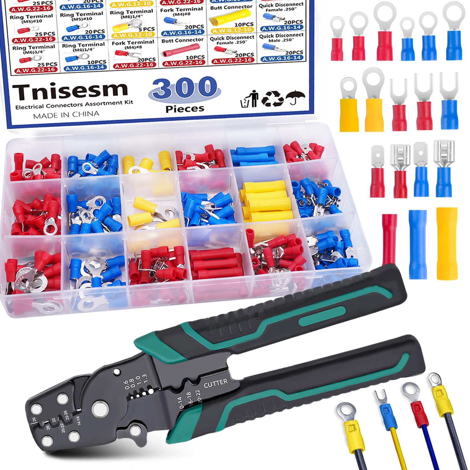 Tnisesm Insulated Wire Electrical Connectors Assortment Kit with Ring, Spade, Butt, Quick Disconnect, Crimp Automotive Cable Terminals