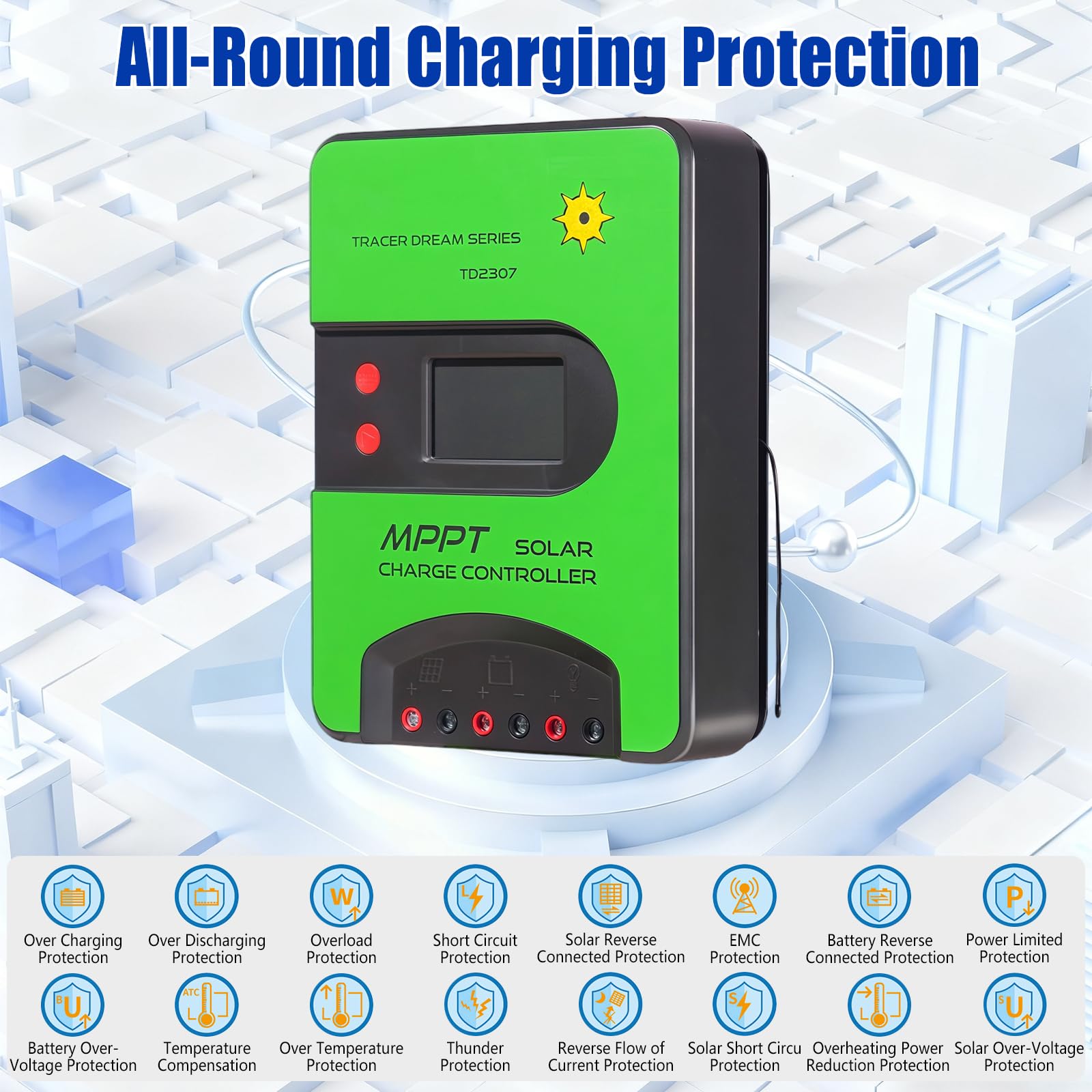 Regolatore di carica solare MPPT 12V/24V (WiFi) con display LCD, supporta controllo APP, regolatore di carica MPPT per batterie AGM/Gel al piombo-acido, Li-Ioni/LFP al litio (30A)
