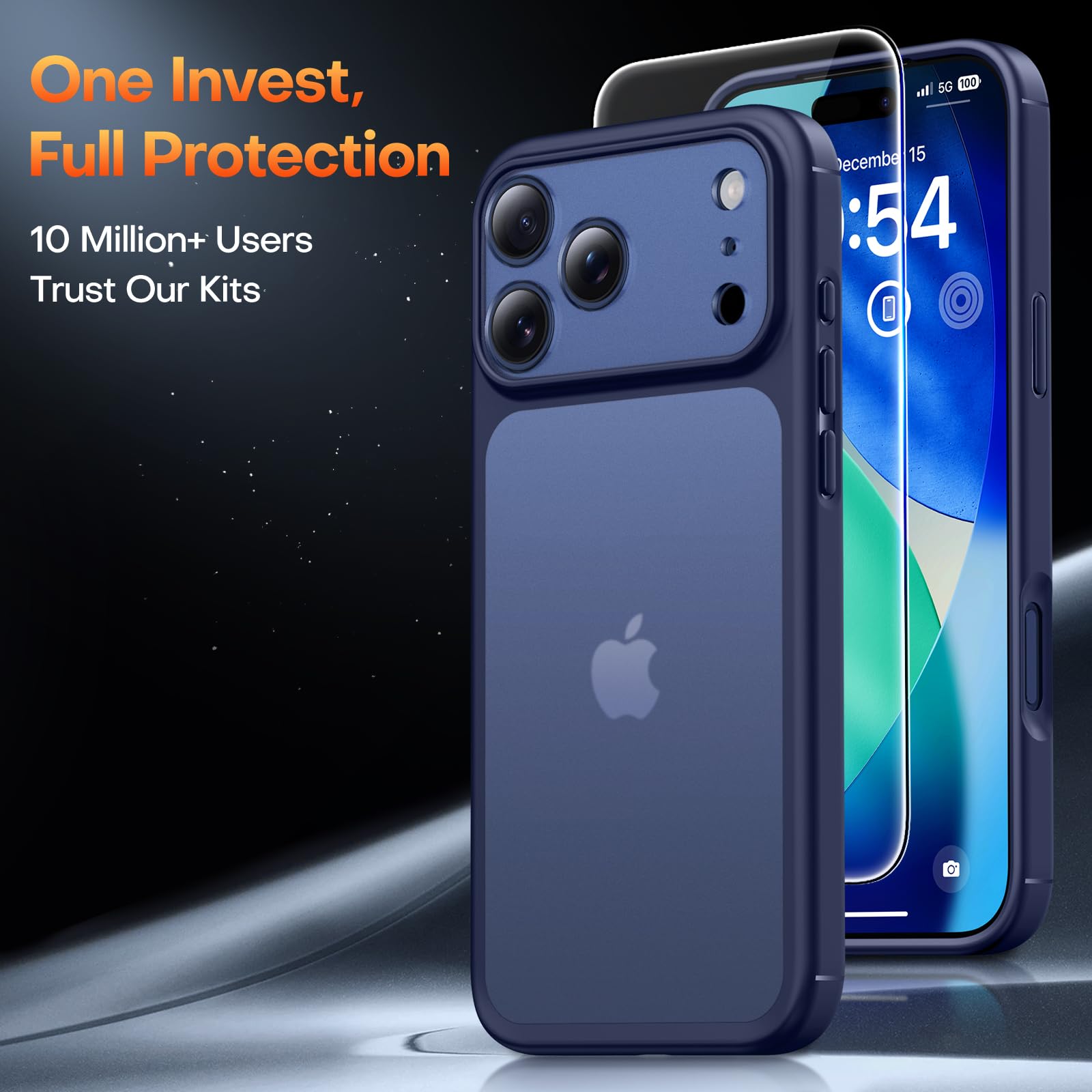 TAURI Cover per iPhone 17 Pro con Pellicola in Vetro Temperato,Protezione Completa della Fotocamera,Custodia Traslucida Opaca - Blu Opaco