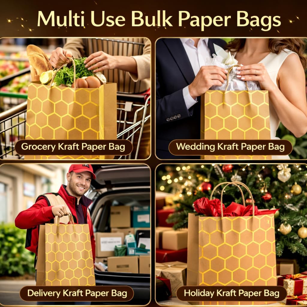 SEASONAL MOMENTS Kraft Paper Gift Bags with Handles- 8 x 4.3 x 10.5 Brown/Gold Hexagon Pattern Paper Gift Bag for Birthdays, Parties & Special Occasions- Reusable Gift Bags Everyone Will Love- 24 Pack