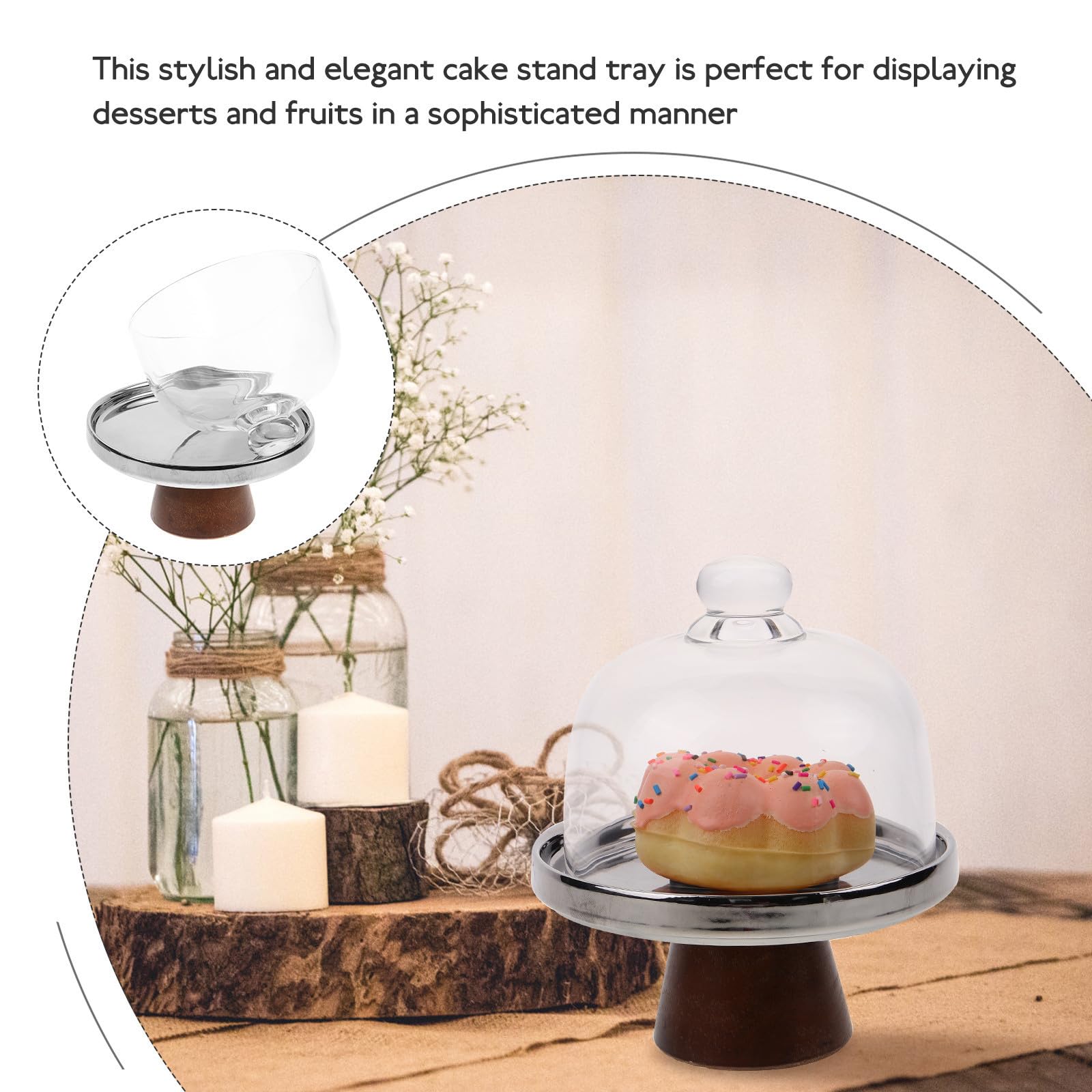 Soporte para Tartas con Tapa de Cristal y Base de Madera, Diseño Elegante para Exhibir Frutas y Mantener Frescura en Eventos y Reuniones