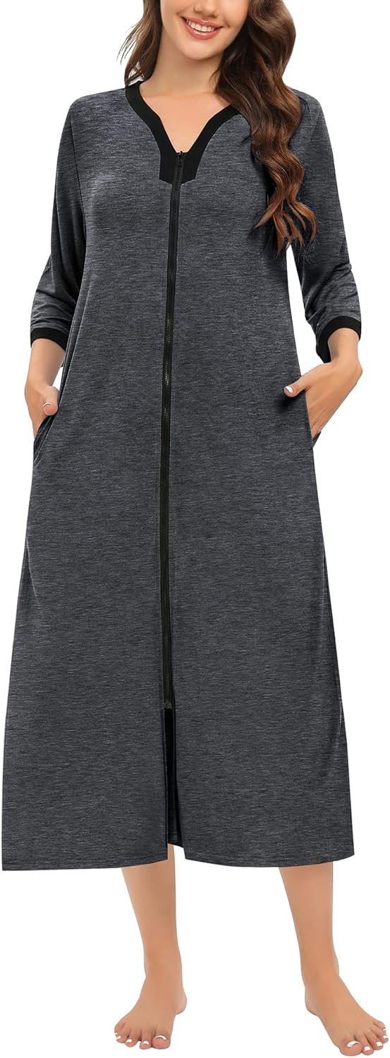 SWOMOG Women Zipper Robe Long Housecoat Zip Up Bathrobes Full Length Nightgown Loungewear with Pockets S-3XL - Image 2