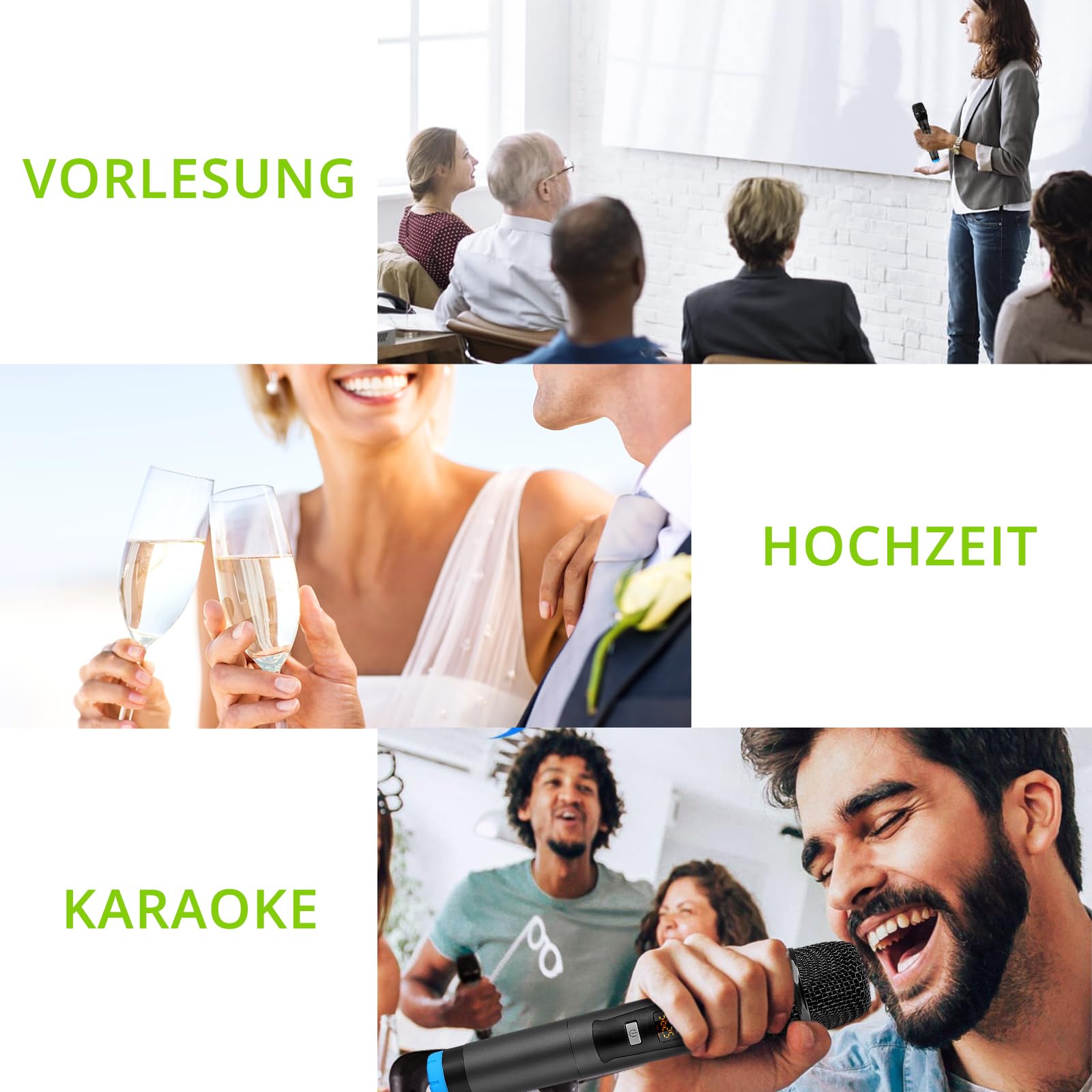 LiNKFOR 4 x UHF Mikrofon drahtloses UHF 4 Kanal Mikrofonsystem mit 4 drahtlosen Handmikrofonen, 50 * 4 Kanälen wählbare Frequenz, Echo, Bluetooth, AUX, ideal für DJ, Gesang, Kirche, Hochzeiten