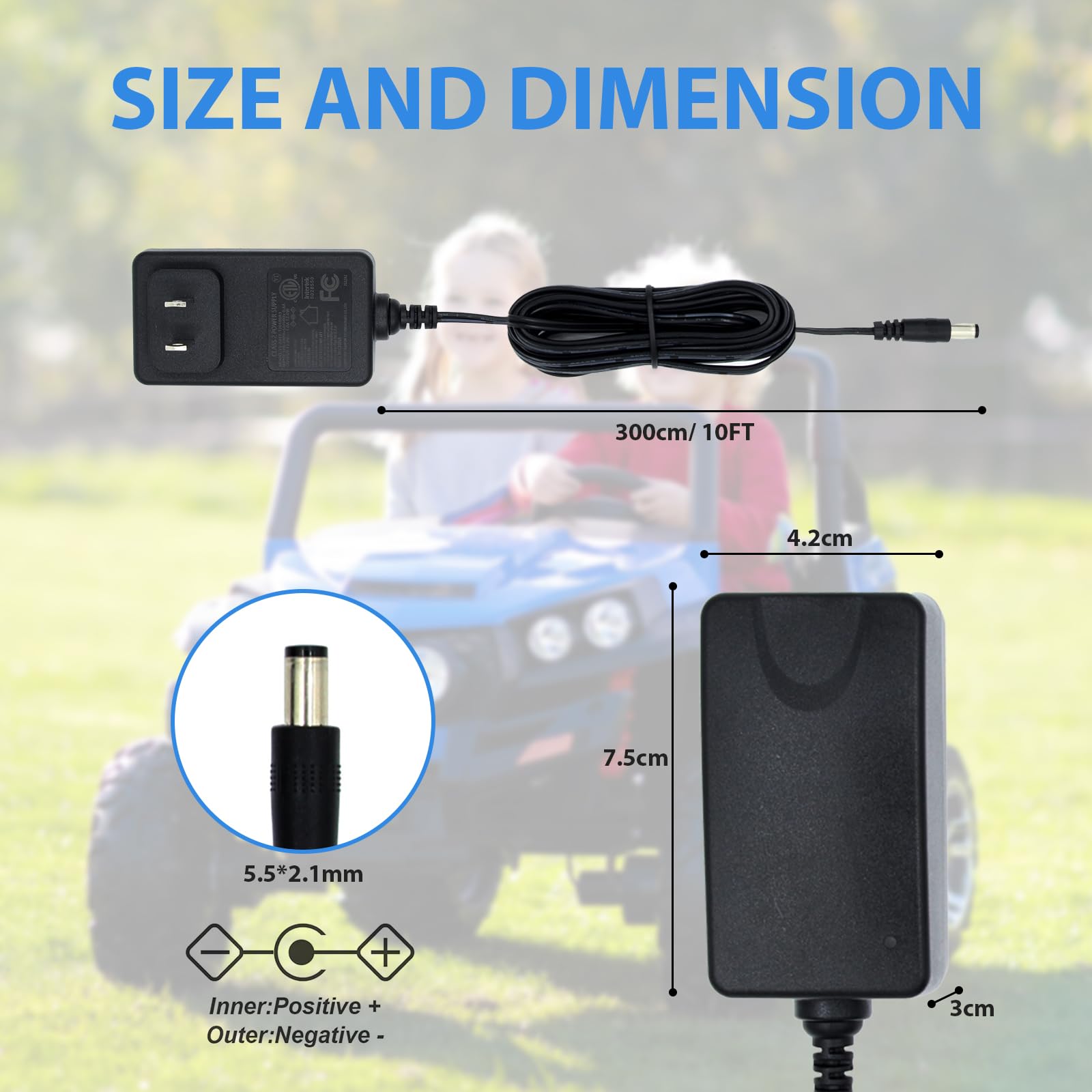 Cargador de batería con certificado ETL de 12 V 1A para juguetes de paseo de 10 pies, cable extralargo de 12 V, 1000 mA, cargador de 500 mA para niños, conector DC de 0.217 in x 0.083 in 4