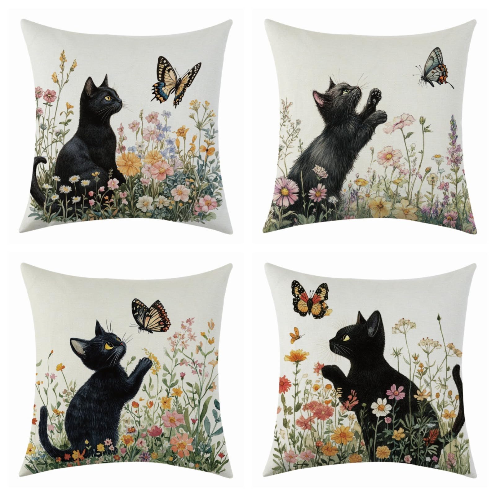 BREASOME Cushion Covers 45 x 45 cm Set of 4 Black Cat Butterfly Floral Cushion Covers Soft Decorative Square Throw Pillow Cases for Sofa Couch Bedroom Living Room โ image 1