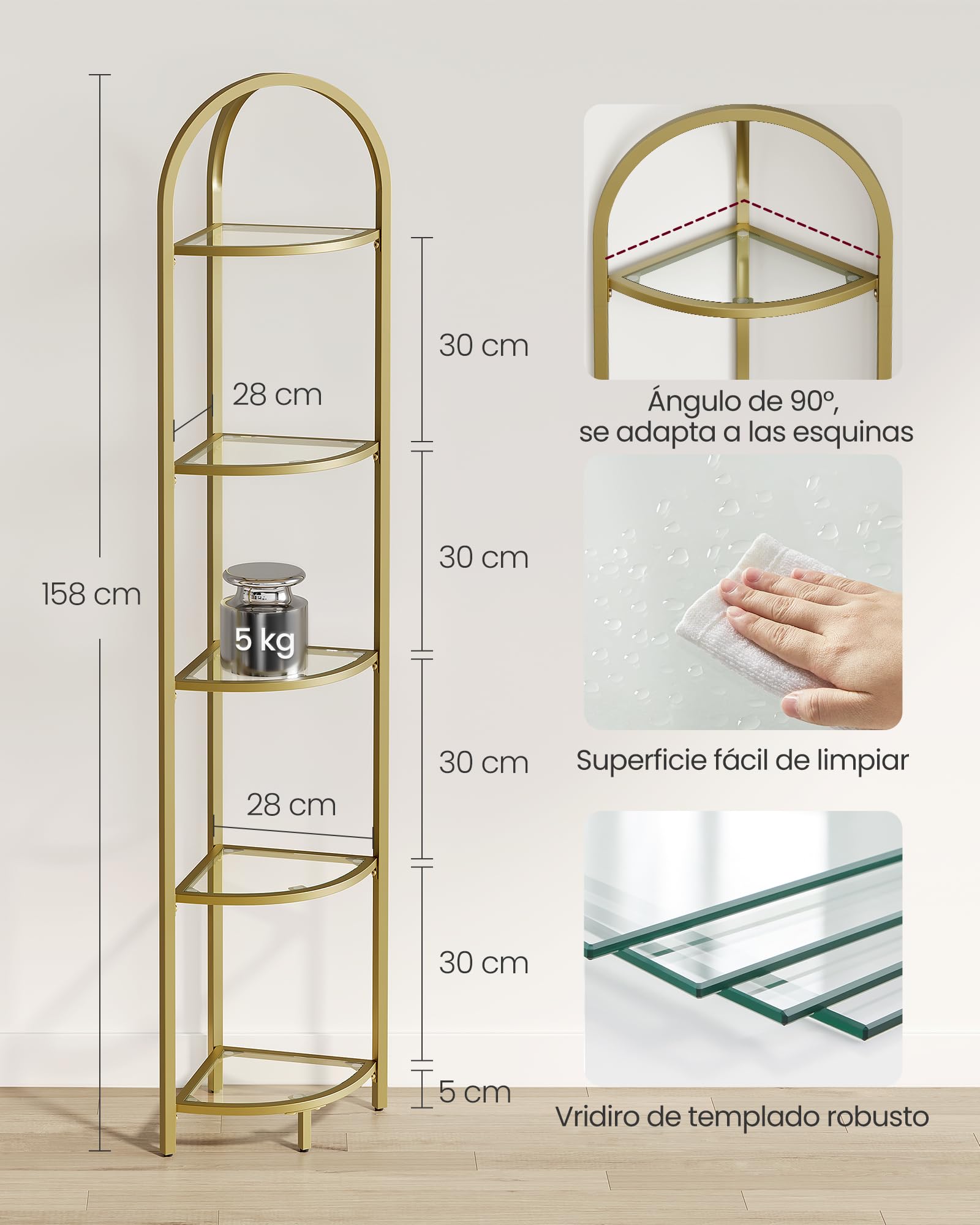 VASAGLE Estantería Esquinera de 5 Niveles, Librería, Soporte para Plantas, Estantería para Baño, Vidrio Templado, Marco de Metal, Estilo Moderno, para Salón, Cocina, Dorado Metálico LGT810A01