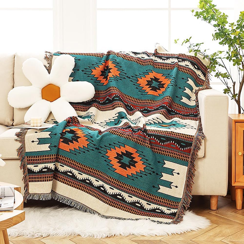 Lqprom Navajo Southwest Blanket Cover Aztec Throw Blankets Boho Native American Blankets for Gift Sofa Table Bed Living Room Decor Outdoor Camping Picnic Tent Beach Car Traveling 51"x63" Green