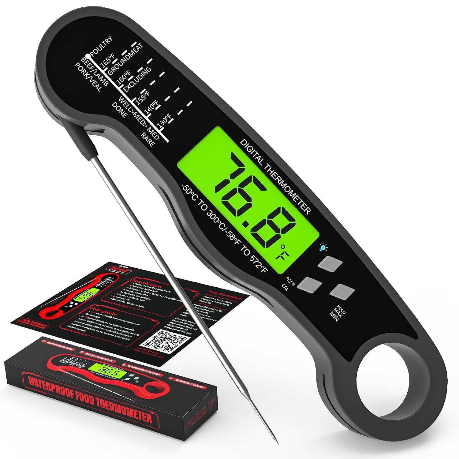 Meat Thermometer Digital - Fast Instant Read Food Thermometer for Cooking, Candy Making, Outside Grill, Waterproof Kitchen Thermometer with Backlight & Hold Function - Red