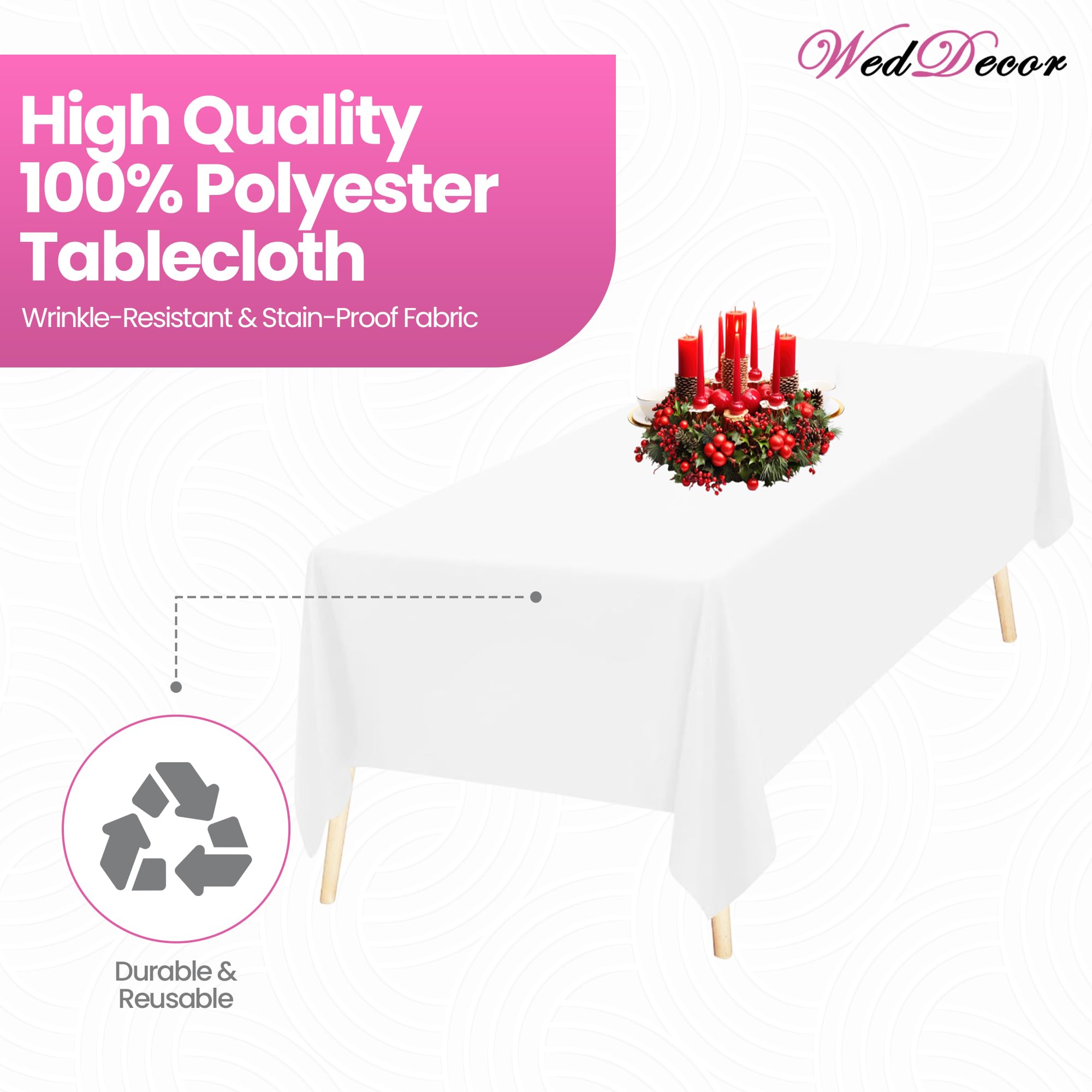 WedDecor Mantel Rectangular de Lino de para Banquetes, comedores, Bodas, Eventos Especiales, 90 x 156 Pulgadas, Blanco, 5 Unidades