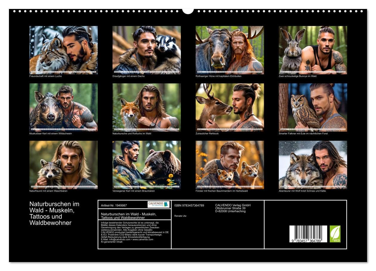 Naturburschen im Wald - Muskeln, Tattoos und Waldbewohner (hochwertiger Premium Wandkalender 2026 DIN A2 quer), Kunstdruck in Hochglanz: Einzigartige ... in tiefen Wäldern (CALVENDO Tiere)