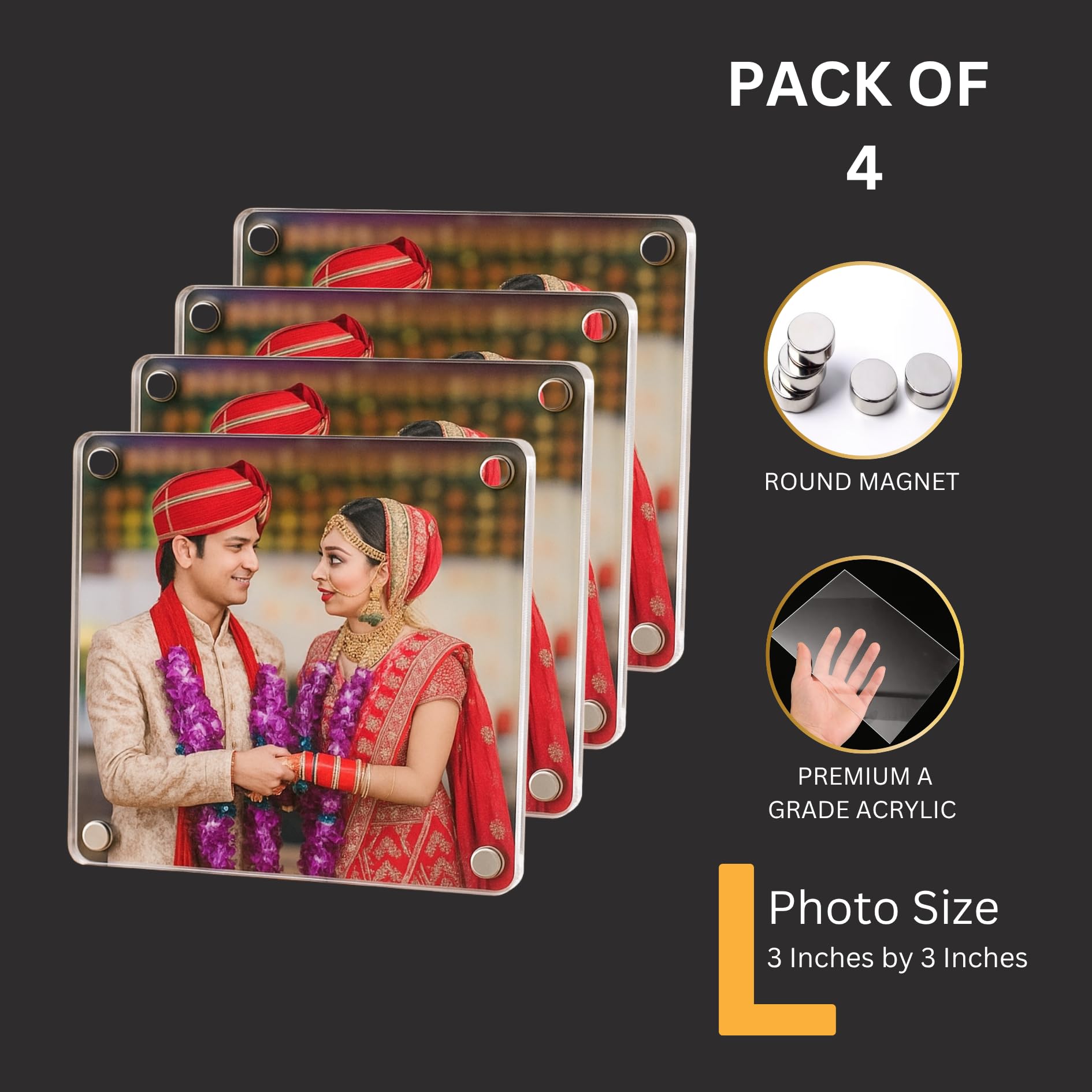 Bhagwate Premium Magnetic Acrylic Photo Frames, Customise Polaroid Fridge Magnetic Photo Frame I Rakhi, Birthday & Anniversry I Photos, Instant Camera Prints (3 X3 INCH) (4, Sliver) 4