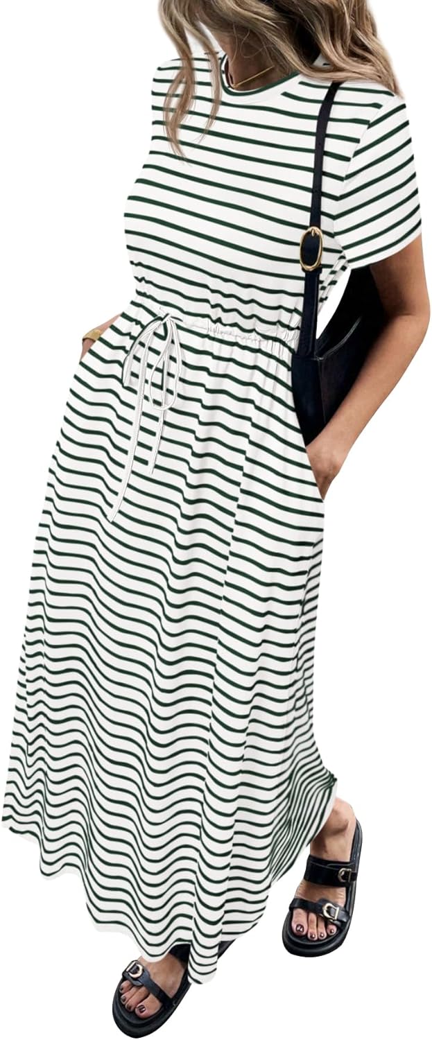 NALANISA Women's Summer Maxi Dresses 2026 Casual Short Sleeve Striped Drawstring Waist Loose Fit T Shirts Dress Beach Outfits