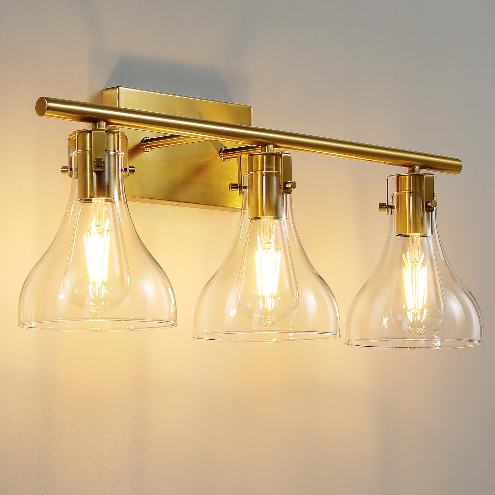 KUCICO Bathroom Vanity Light Fixtures? 3-Light Gold Bathroom Vanity Light Over Mirror with Glass Shade - Modern Metal Wall Light for Bedroom Kitchen