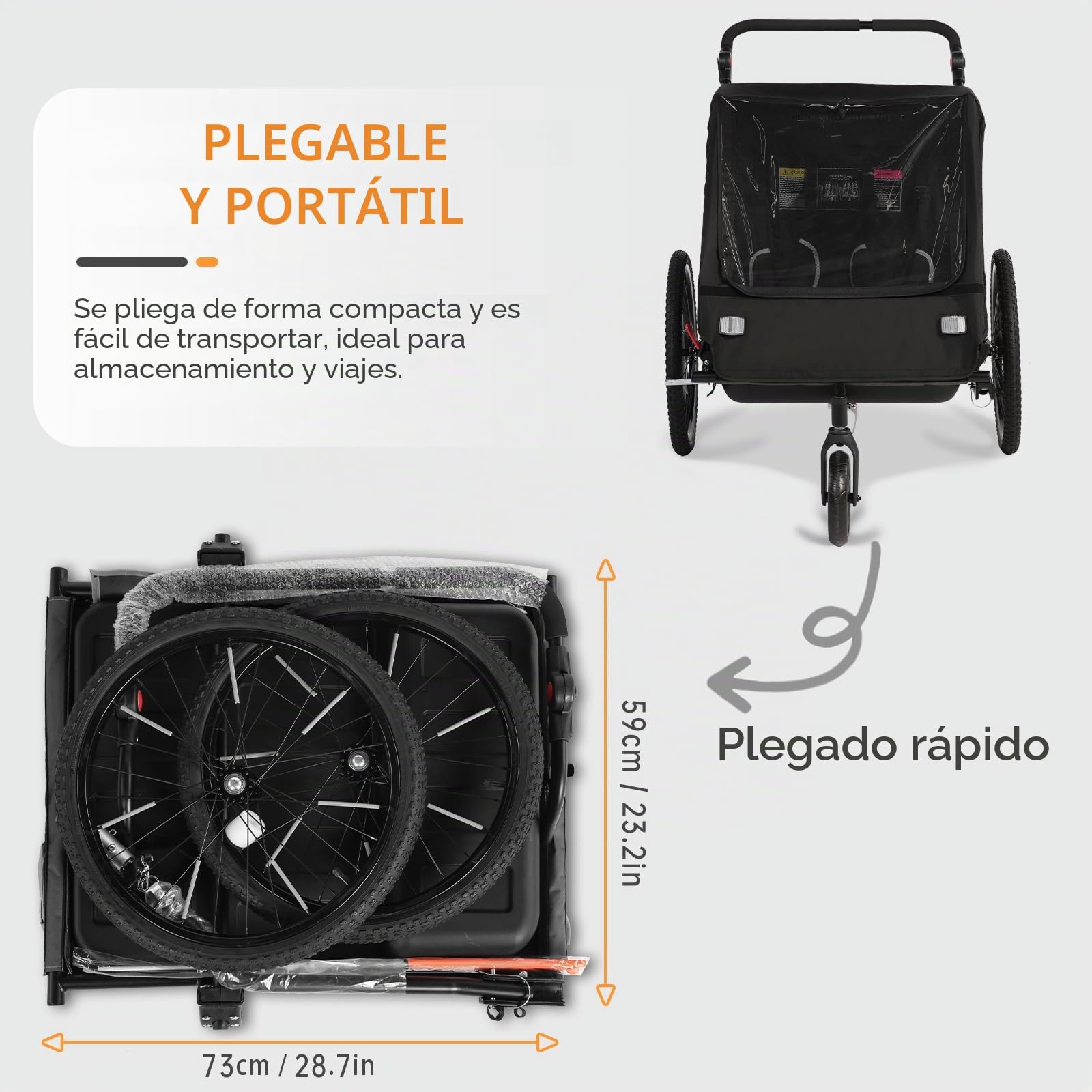 SEPNINE Remolque Infantil 2 en 1 y Cochecito con suspensión, Remolque de Bicicleta para 1 a 2 niños máximo, función de Jogger, Plegable, Amplio Maletero