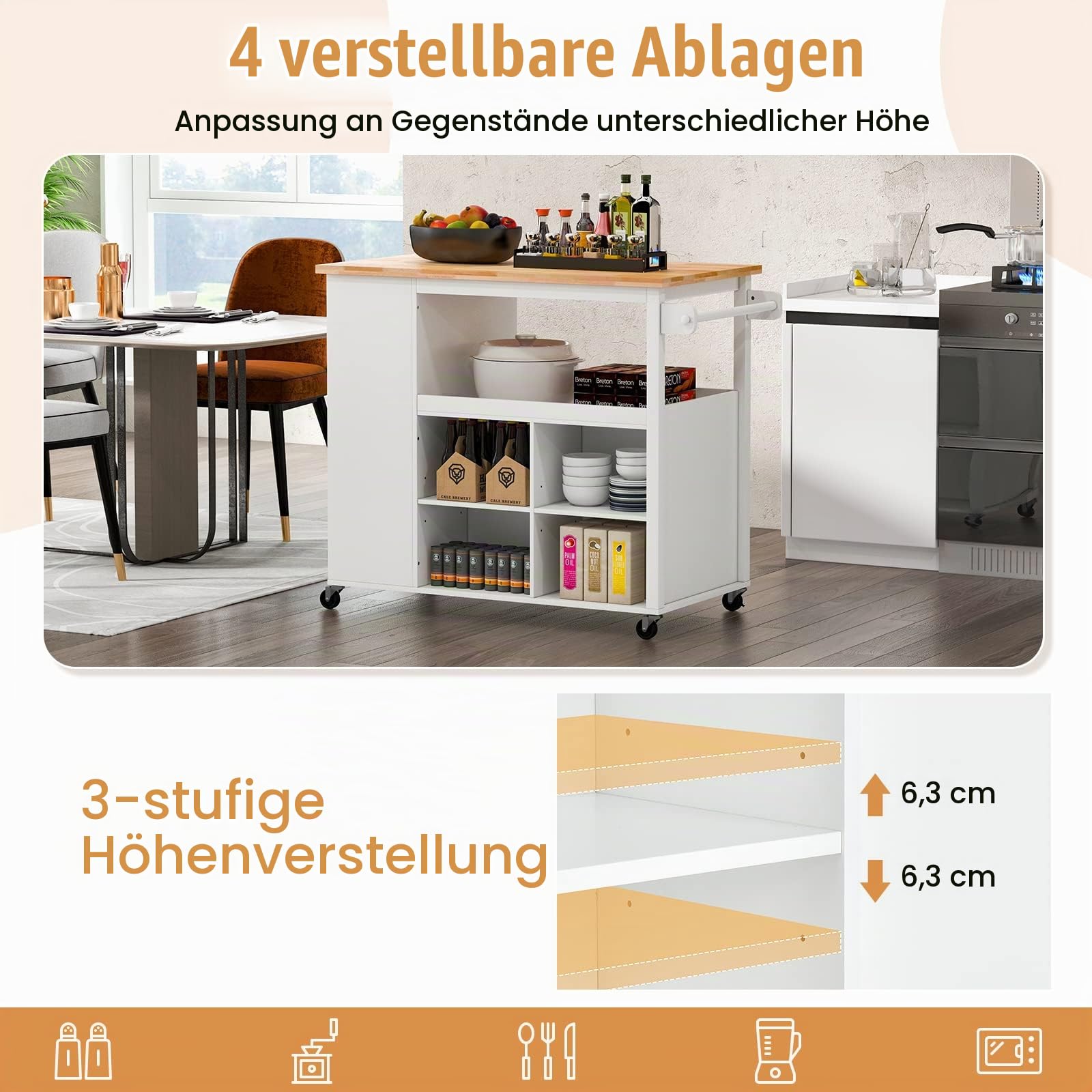Giantex Küchenwagen, rollbar, mit Schublade, Küchenwagen mit verstellbaren Regalen & Handtuchhalter, Servierwagen, Kücheninsel, Aufbewahrung, moderner Stil, für Wohnzimmer/Küche (weiß)