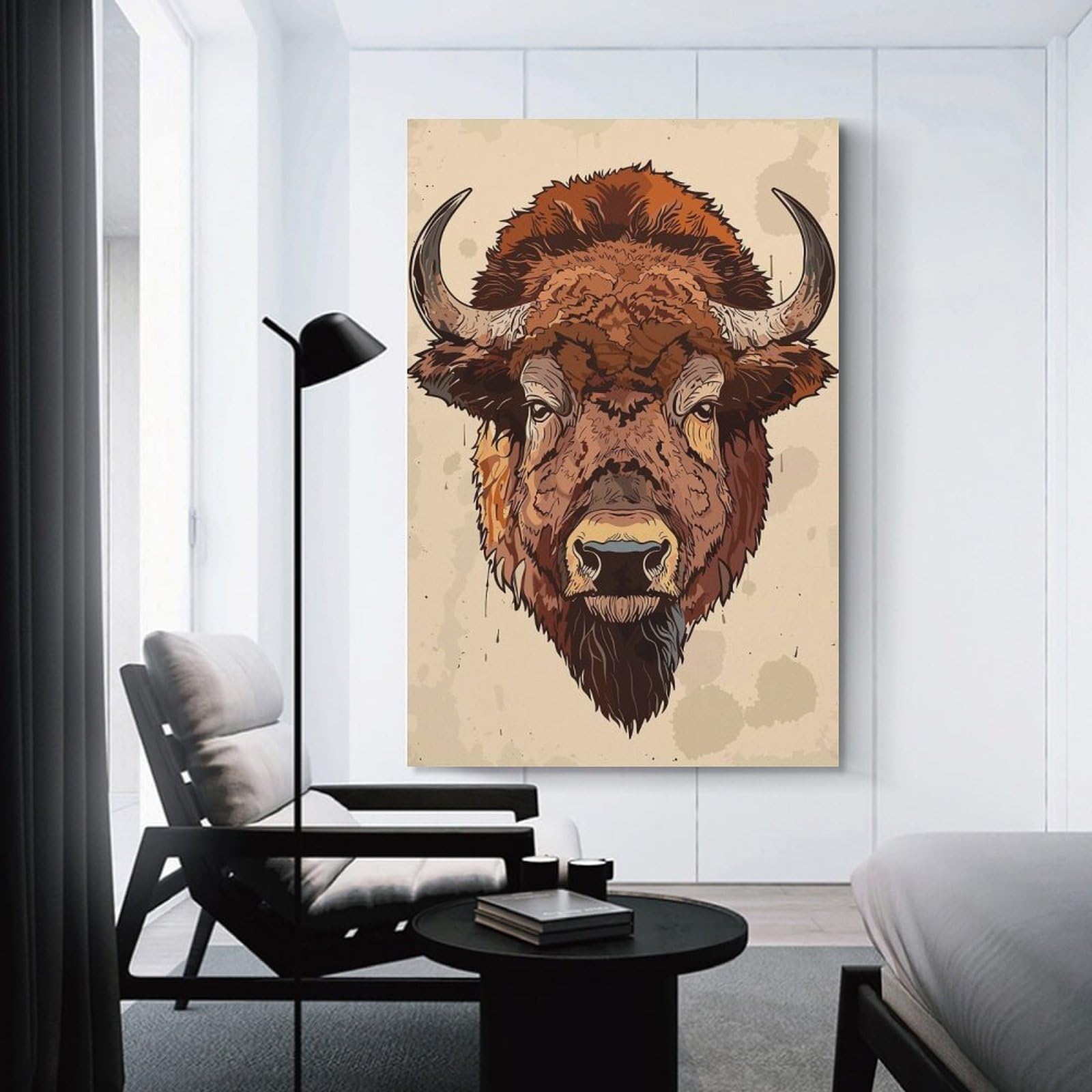 Junmoney Buffalo Head Illustration Canvas Wall Art, 24x36inch(60x90cm), for Living Room, Bedroom, Office Or Hallway, Versatile Wall Decor for Many Rooms
