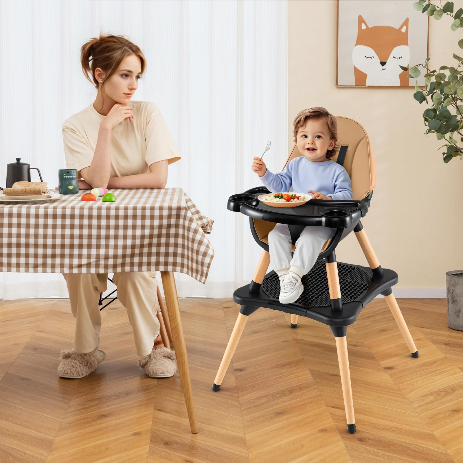 RELAX4LIFE 4 in 1 Seggiolone Pappa, Seggiolone Evolutivo con Vassoio Rimovibile e Cintura di Sicurezza, Altezza Regolabile in 4 Posizioni, per Bambini e Neonati 6-36 Mesi (Standard, Mocha)