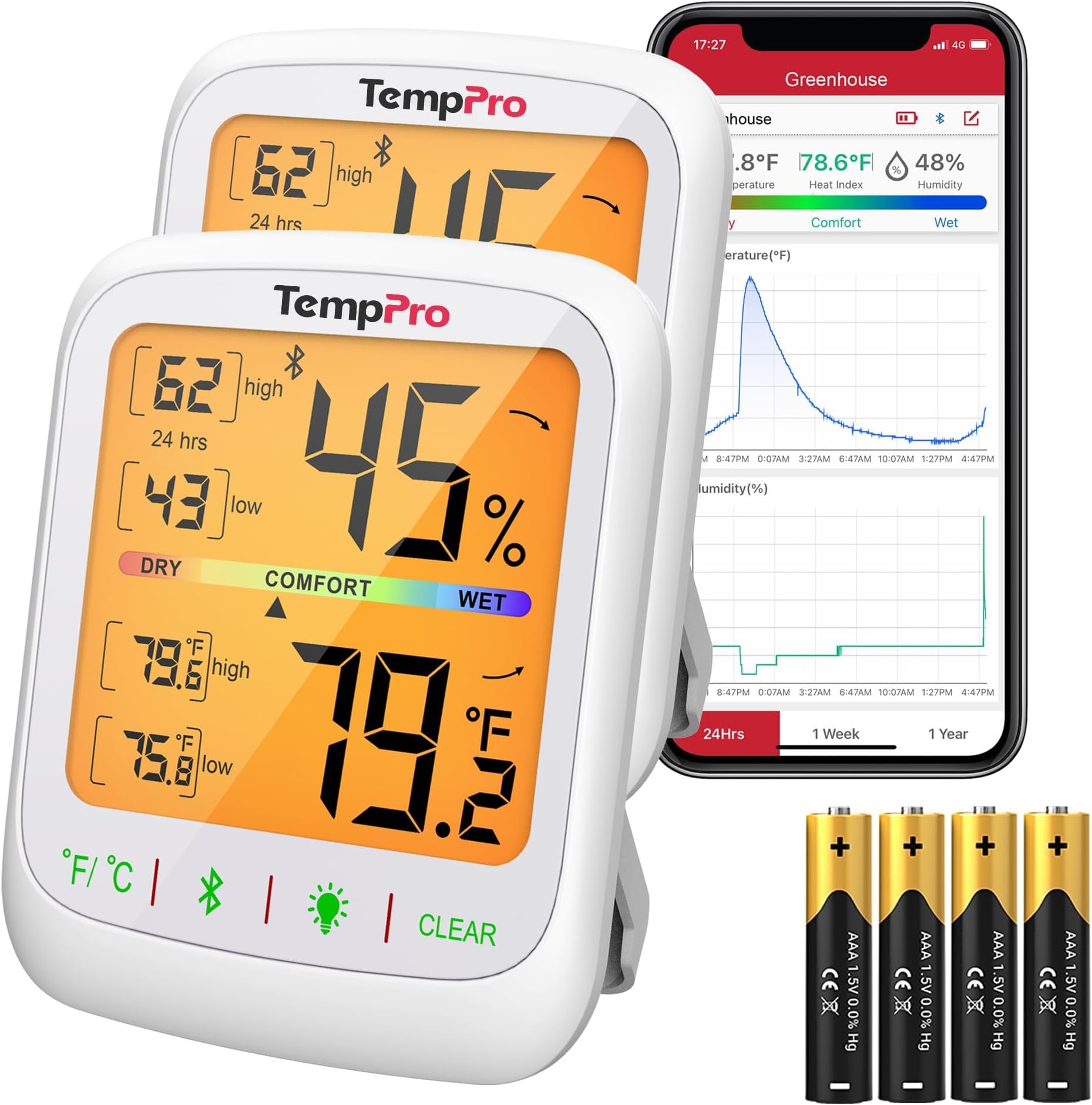 TempAir Bluetooth Hygrometer Thermometer with Large Backlit LCD | 260 ft Wireless Remote Temperature and Humidity Monitor, Indoor Room Thermometer and Humidity Gauge with Max Min Records