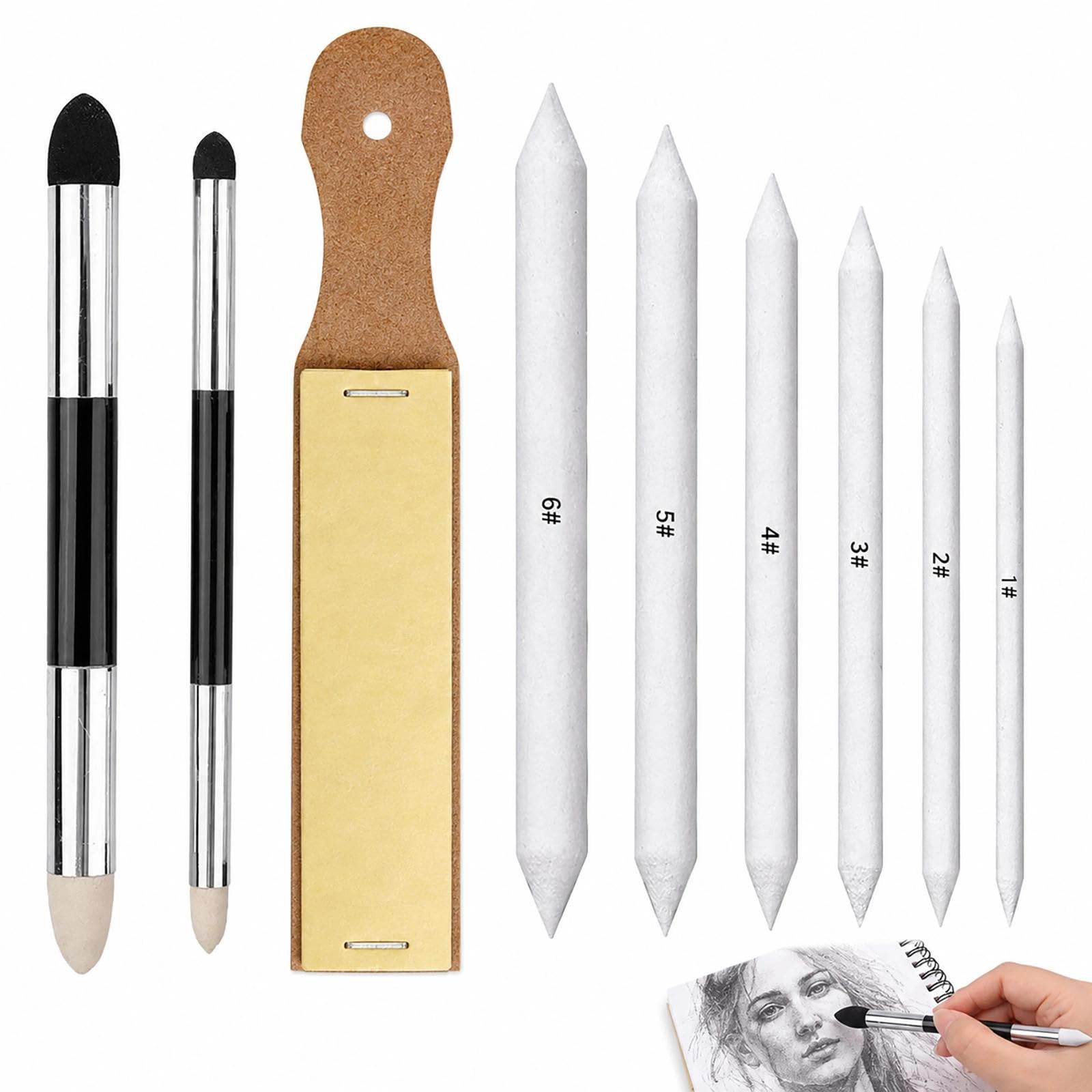 FYHJNC 9 Pcs Blending Stumps Set, Paper Tortillions Blending Sponge Pens with Sandpaper Sharpener, Washable Reusable Art Blenders for Charcoal Sketch Drawing Students Artists