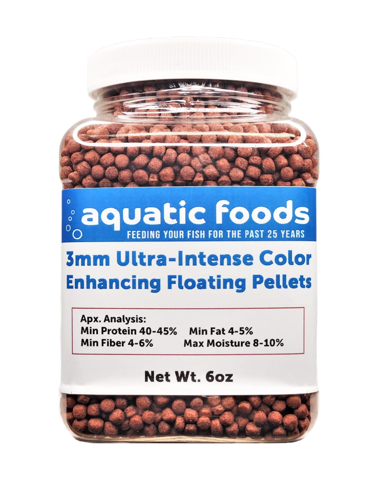 Aquatic Foods Inc. 3mm-1/8 Ultra-Intense Red Color Enhancing Floating Pellets for All Tropical Fish, Discus, Red Flower Horn, Red Parrot, All Fish, All Cichlids - 6oz Small Jar